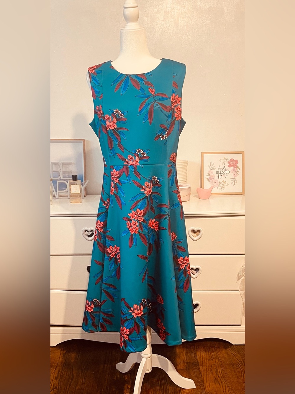 Calvin Klein  elegant Teal Floral V-Neck Sleeveless Maxi Dress size 14 - Picture 7 of 15